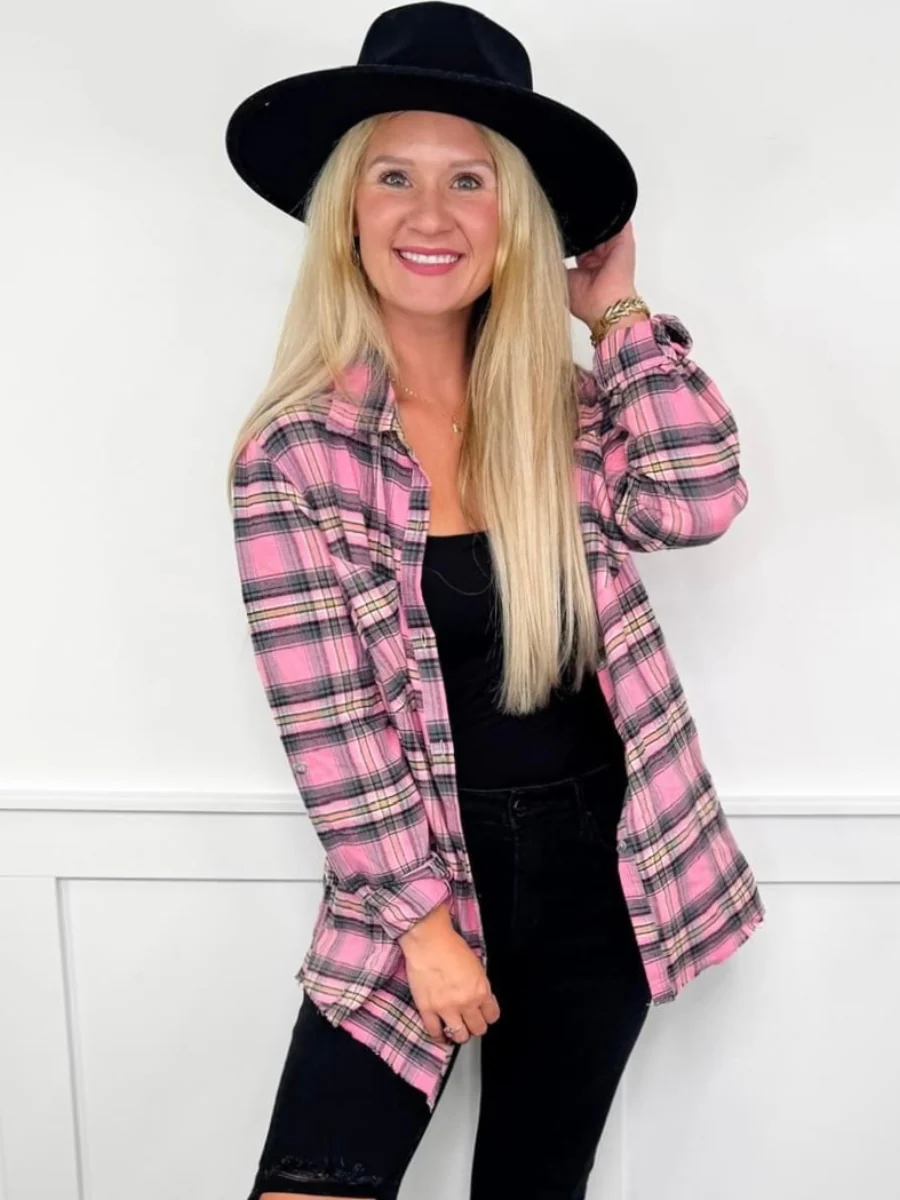 White Birch Avery Mae Every Night's Girls Night Long Sleeve Pink Flannel