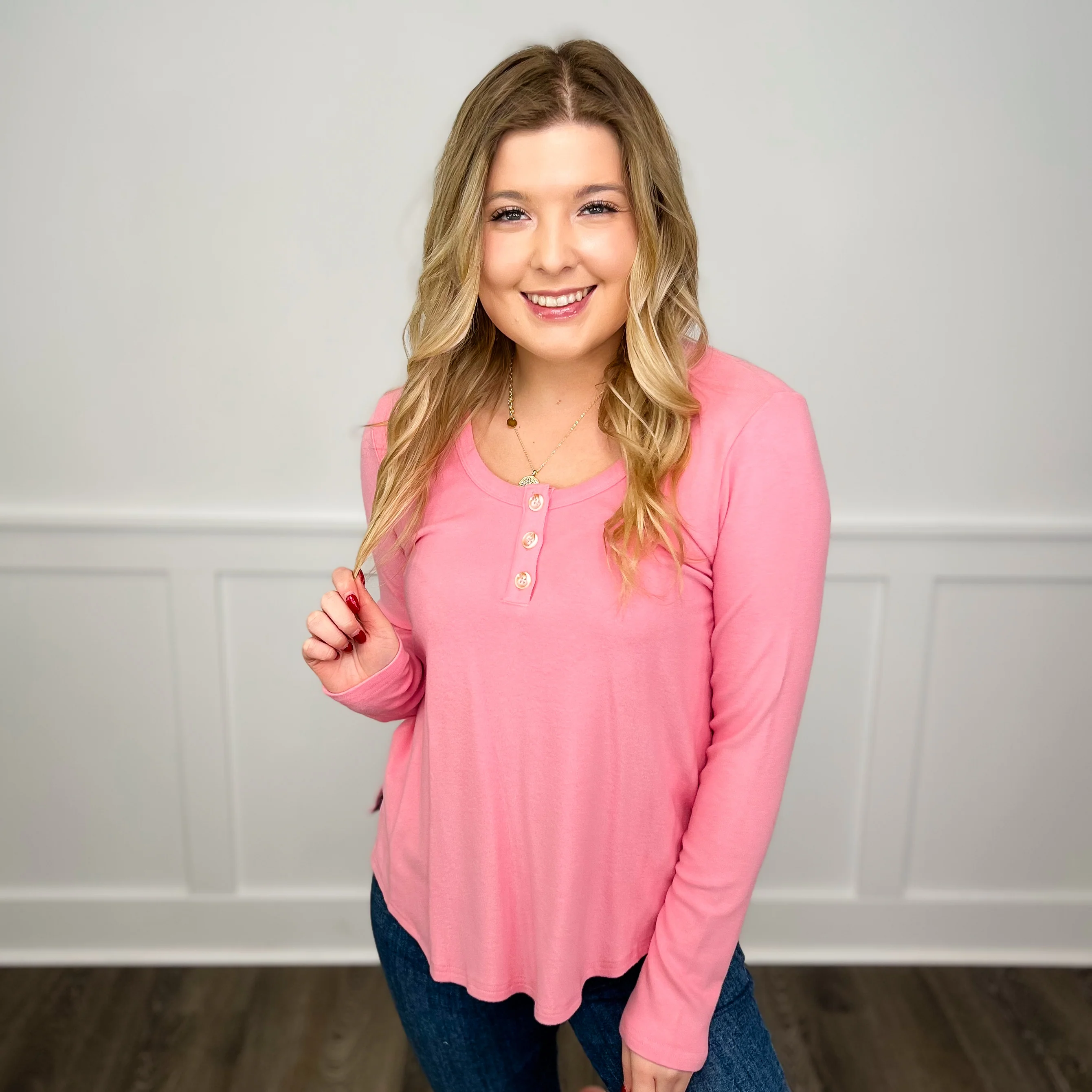 White Birch Basic Feeling Girly Rayon Blend Long Sleeve Pink Top