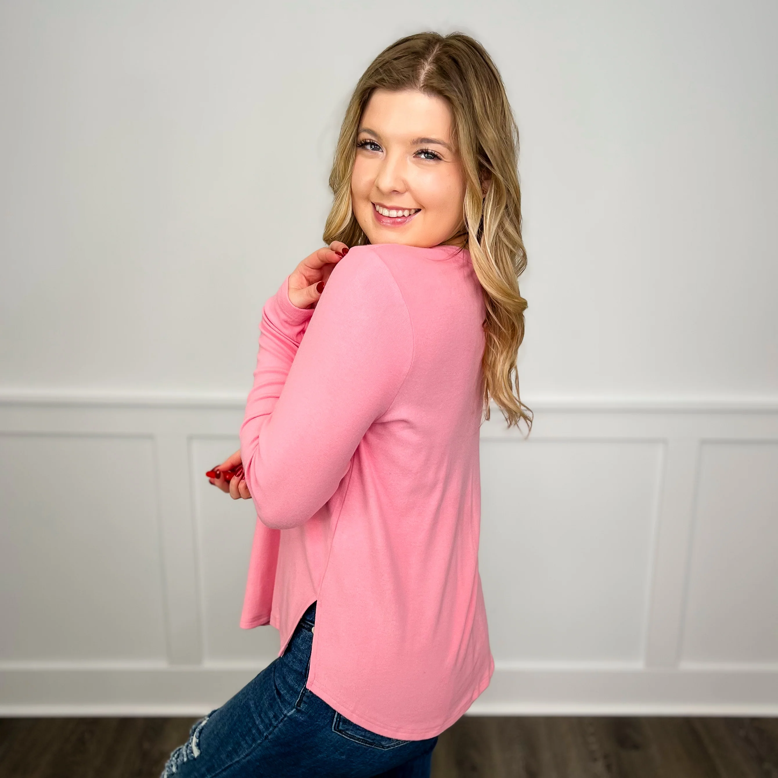 White Birch Basic Feeling Girly Rayon Blend Long Sleeve Pink Top - Image 2