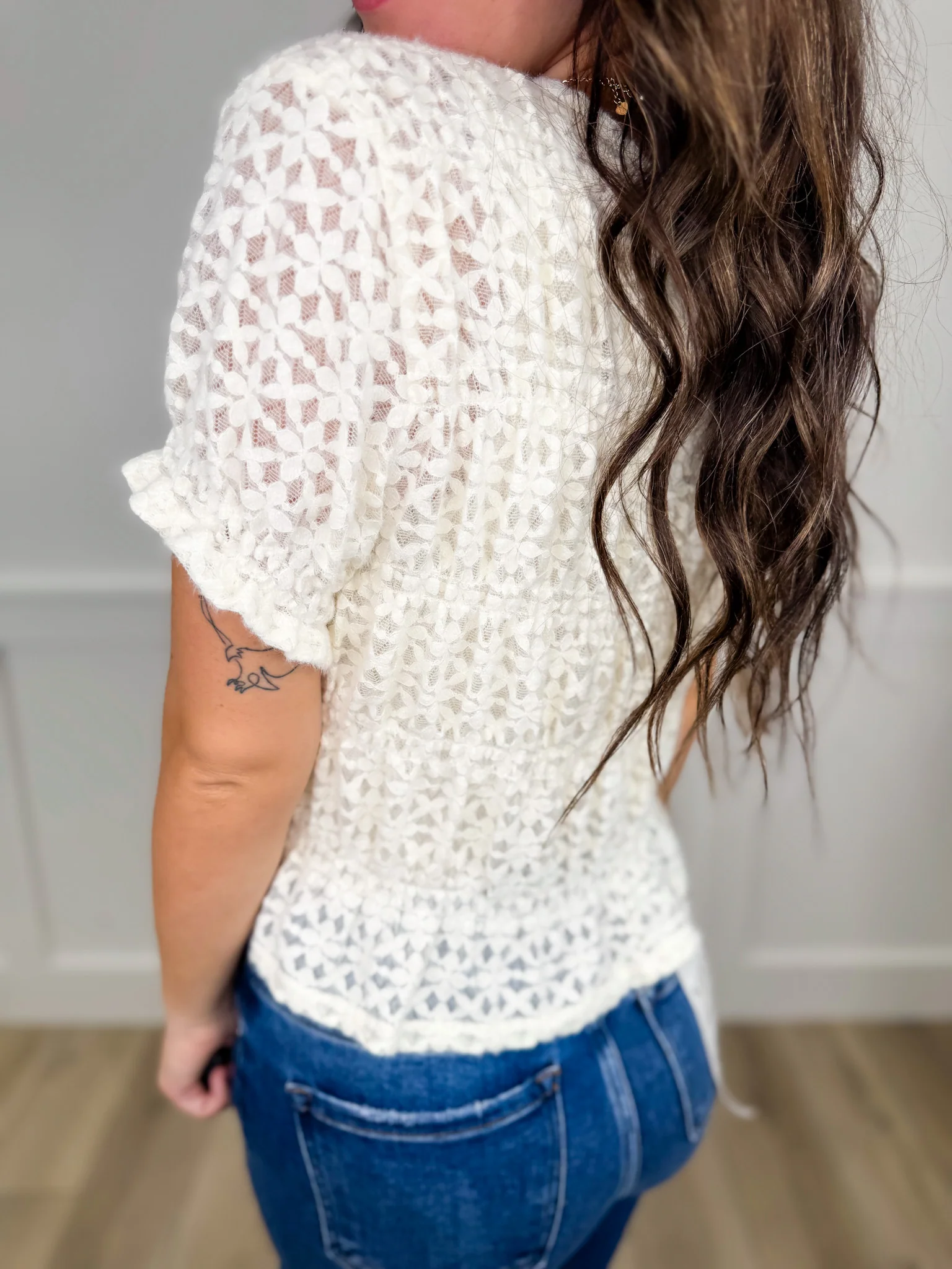 White Birch It's Me Again Lace Short Sleeve Cream Mom Cropped Top - Image 2
