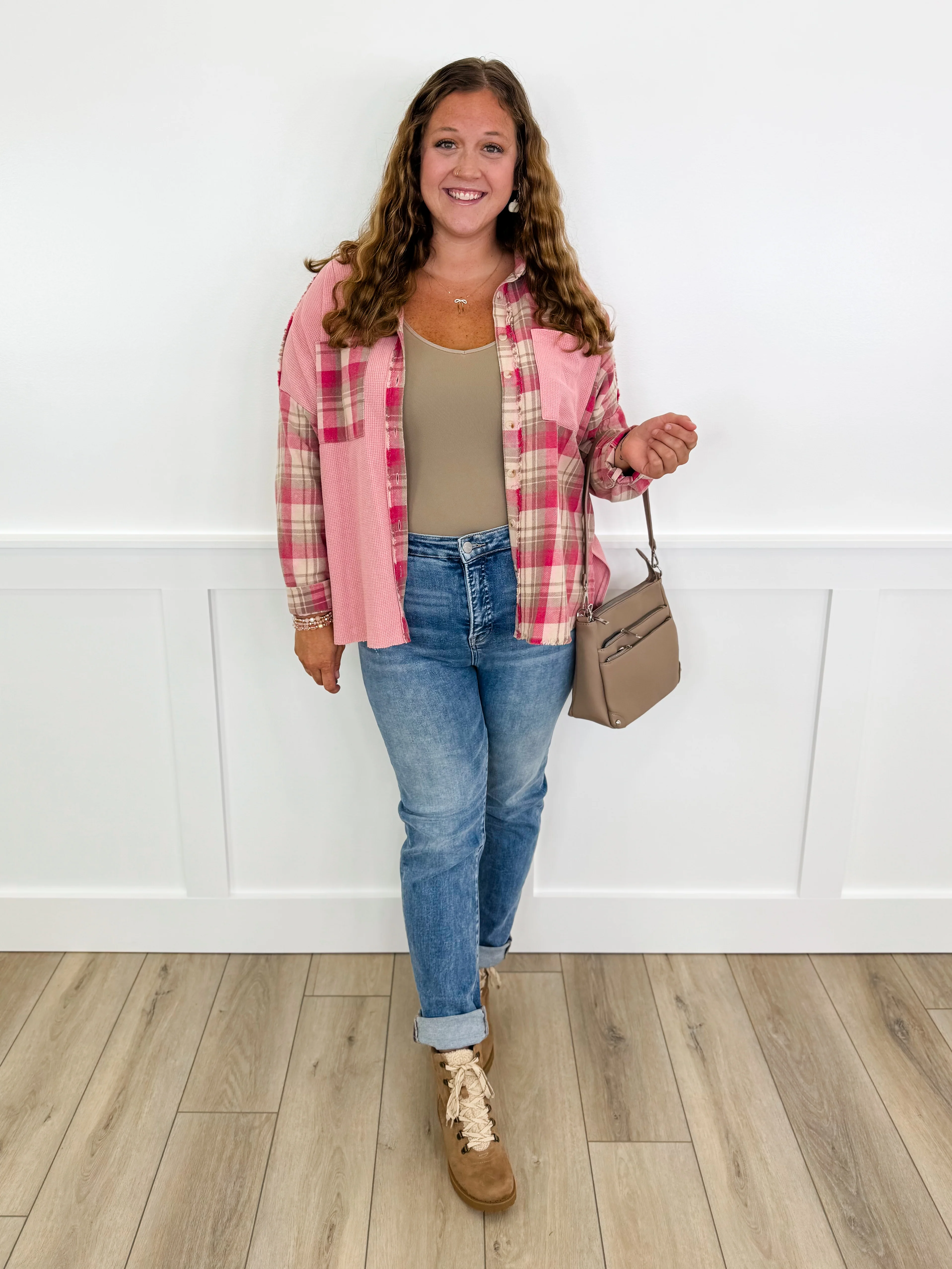 White Birch Listening on Repeat Cotton Long Sleeve Pink Button Up Top - Image 3