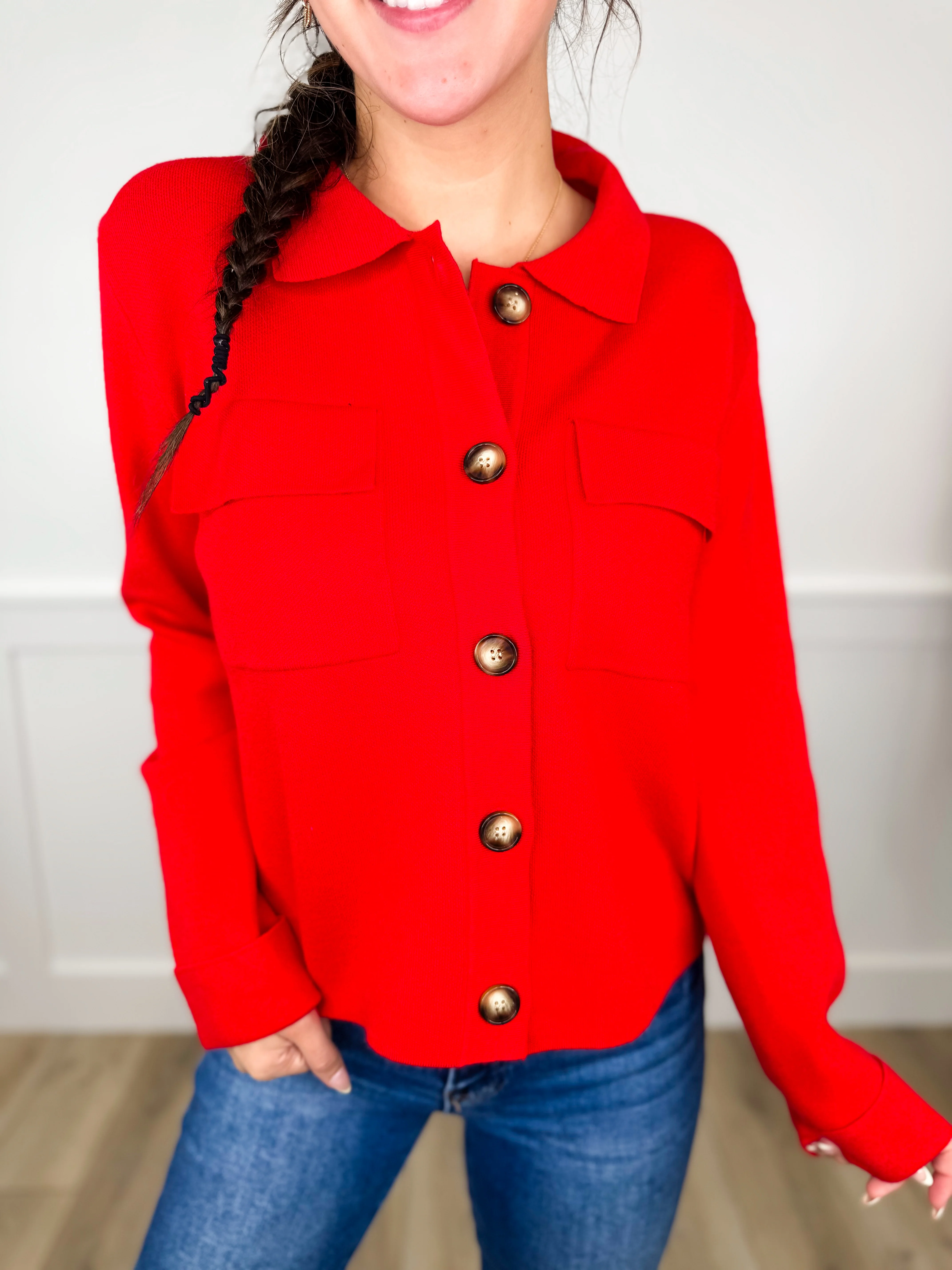 White Birch More Importantly Rayon Blend Long Sleeve Mom Cropped Button Up Sweater Top - 2 colors! - Image 2