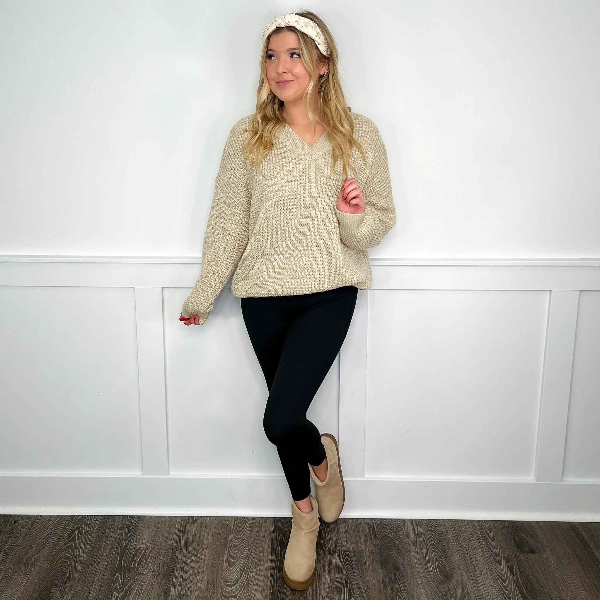 White Birch My Dearest Knit Long Sleeve Oat Sweater Top - Image 3