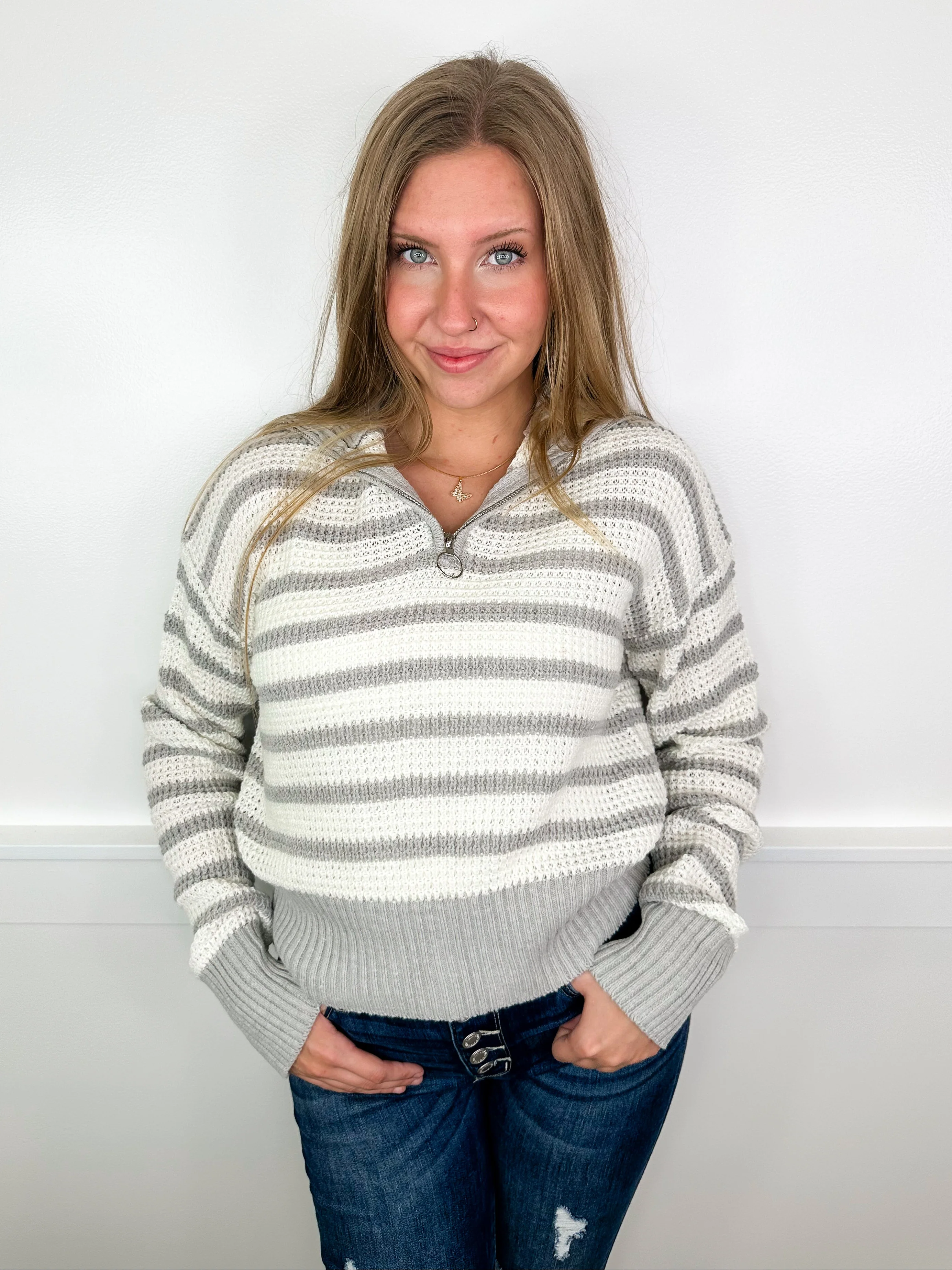 White Birch No Strings Attached Knit Long Sleeve Mom Cropped Grey Quarter Zip Sweater Top