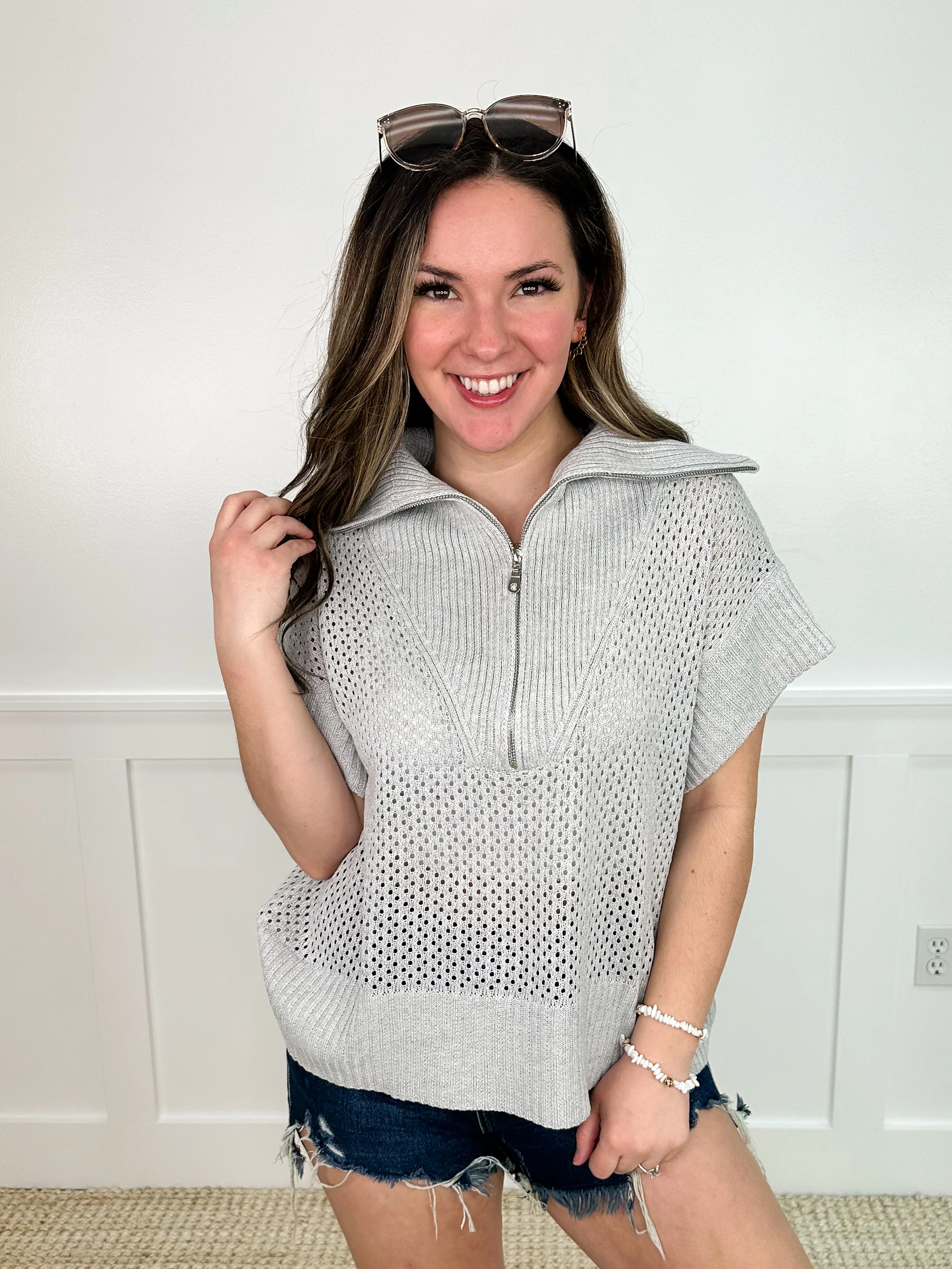 White Birch You Are Welcome Knit Short Sleeve Grey Quarter Zip Sweater Top