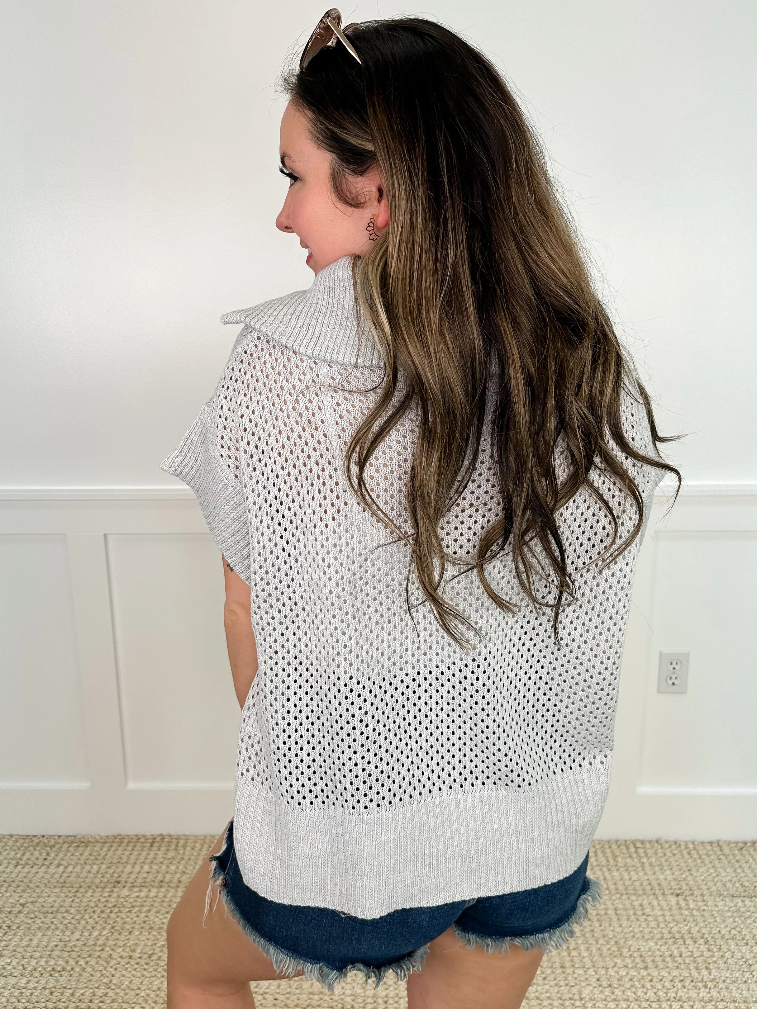 White Birch You Are Welcome Knit Short Sleeve Grey Quarter Zip Sweater Top - Image 2