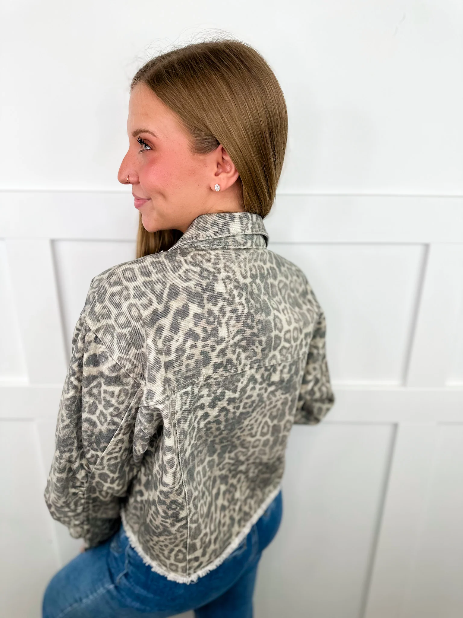Wild at Last Cotton Blend Long Sleeve Leopard Avery Mae Mom Cropped Jacket - Image 2