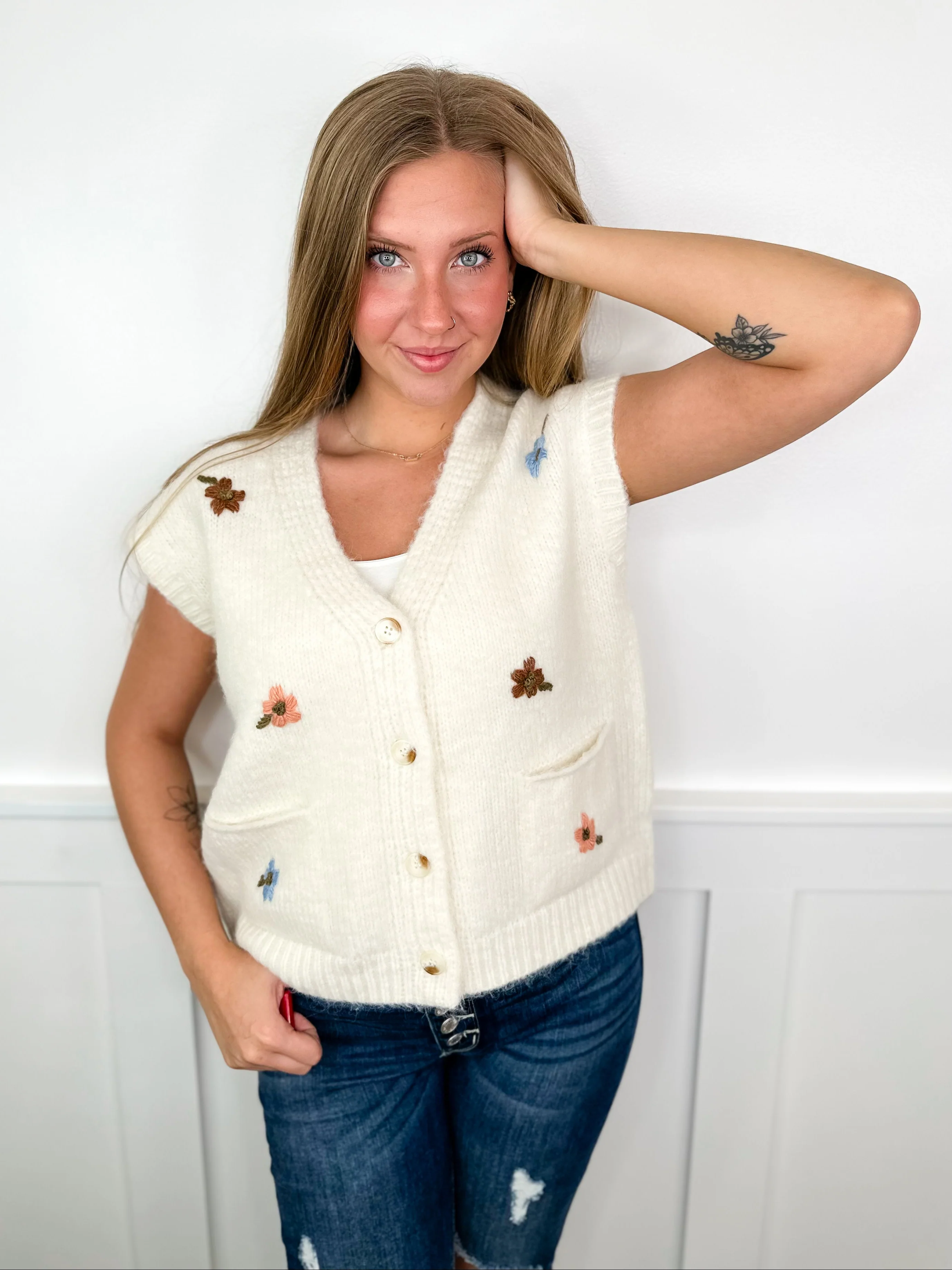 Wishlist Fancy Flowers Knit Cream Mom Cropped Button Up Sweater Top