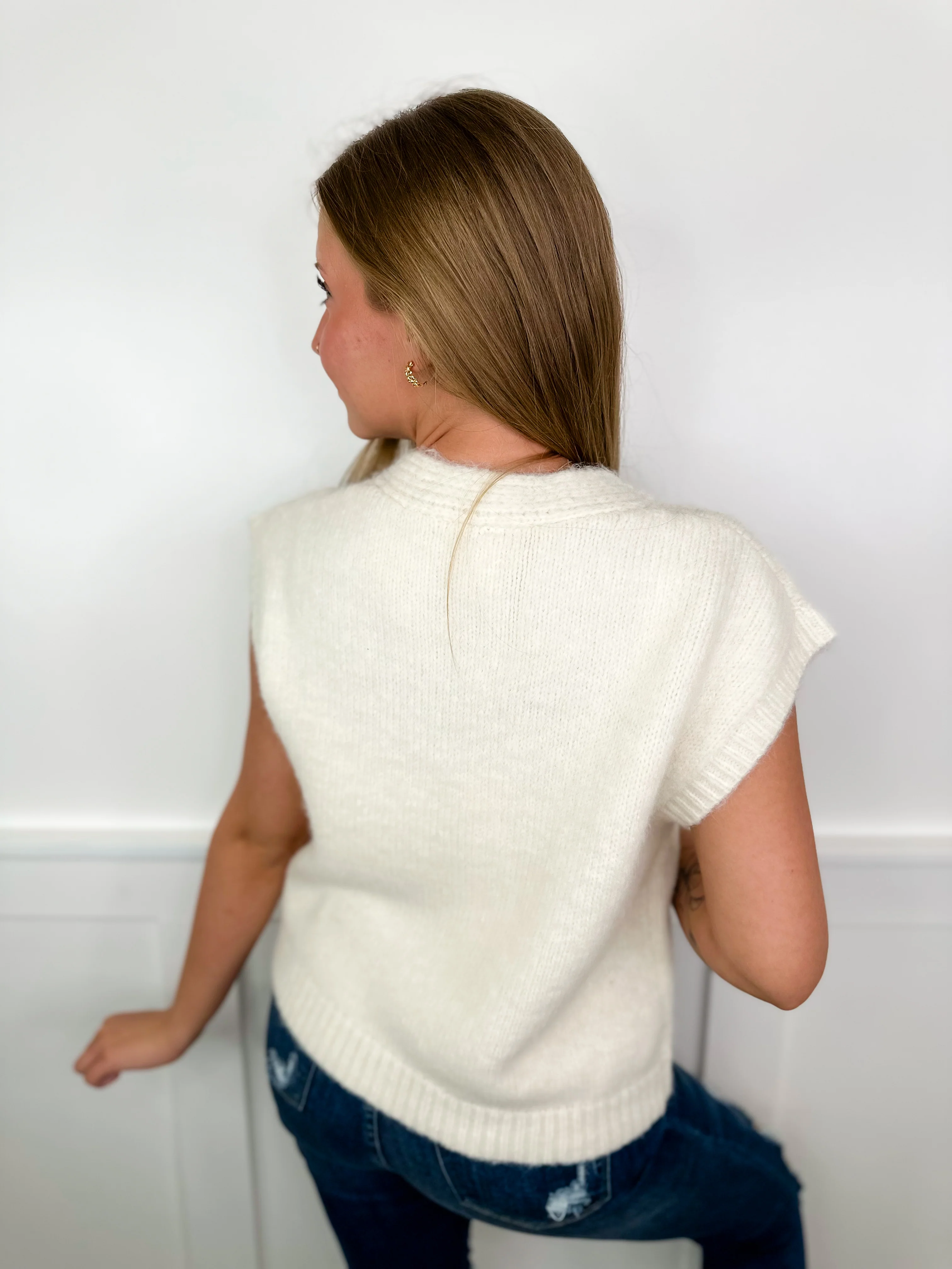 Wishlist Fancy Flowers Knit Cream Mom Cropped Button Up Sweater Top - Image 3