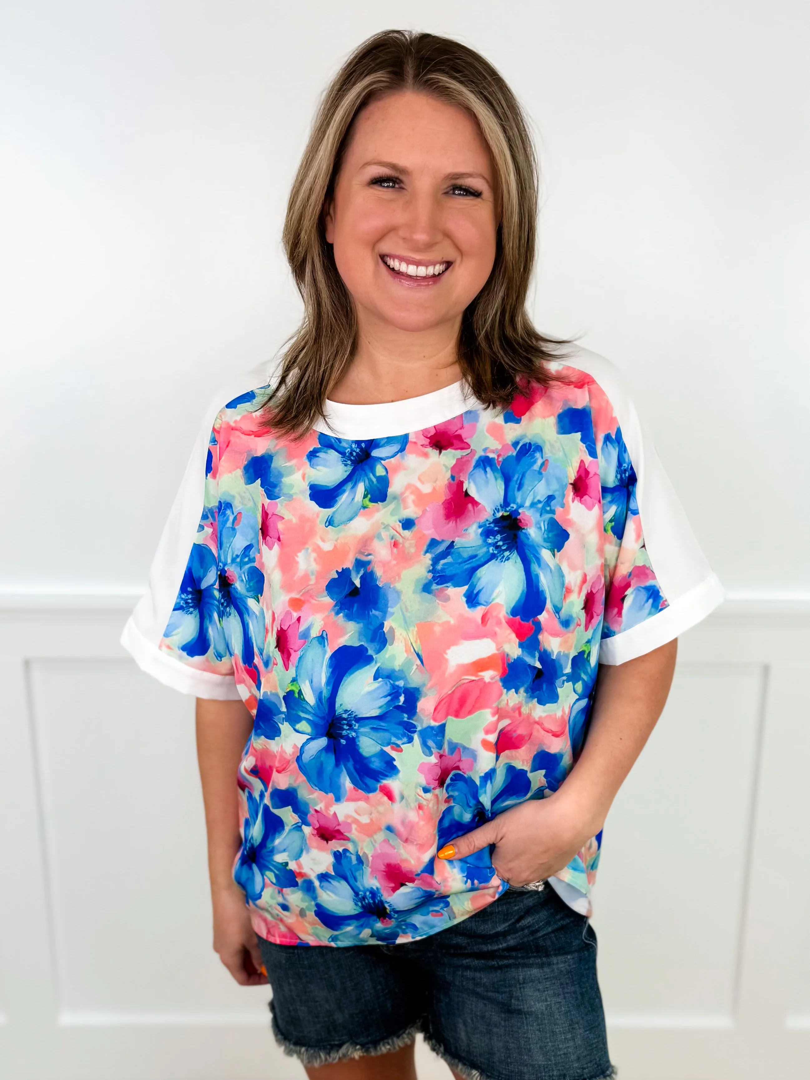 World of Florals Short Sleeve Blue Avery Mae Top