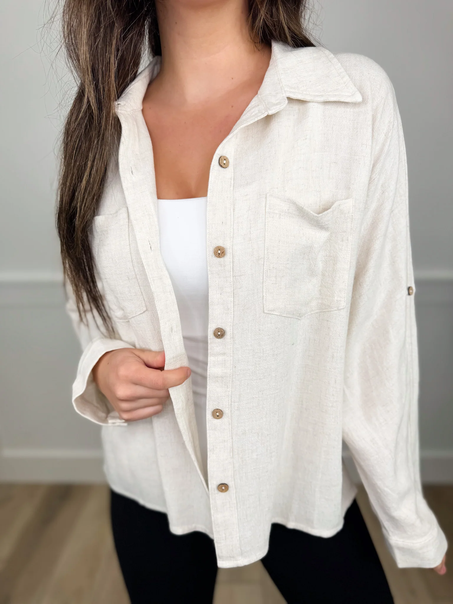 Worth it All Cotton Blend Long Sleeve Bone Avery Mae Button Up Top