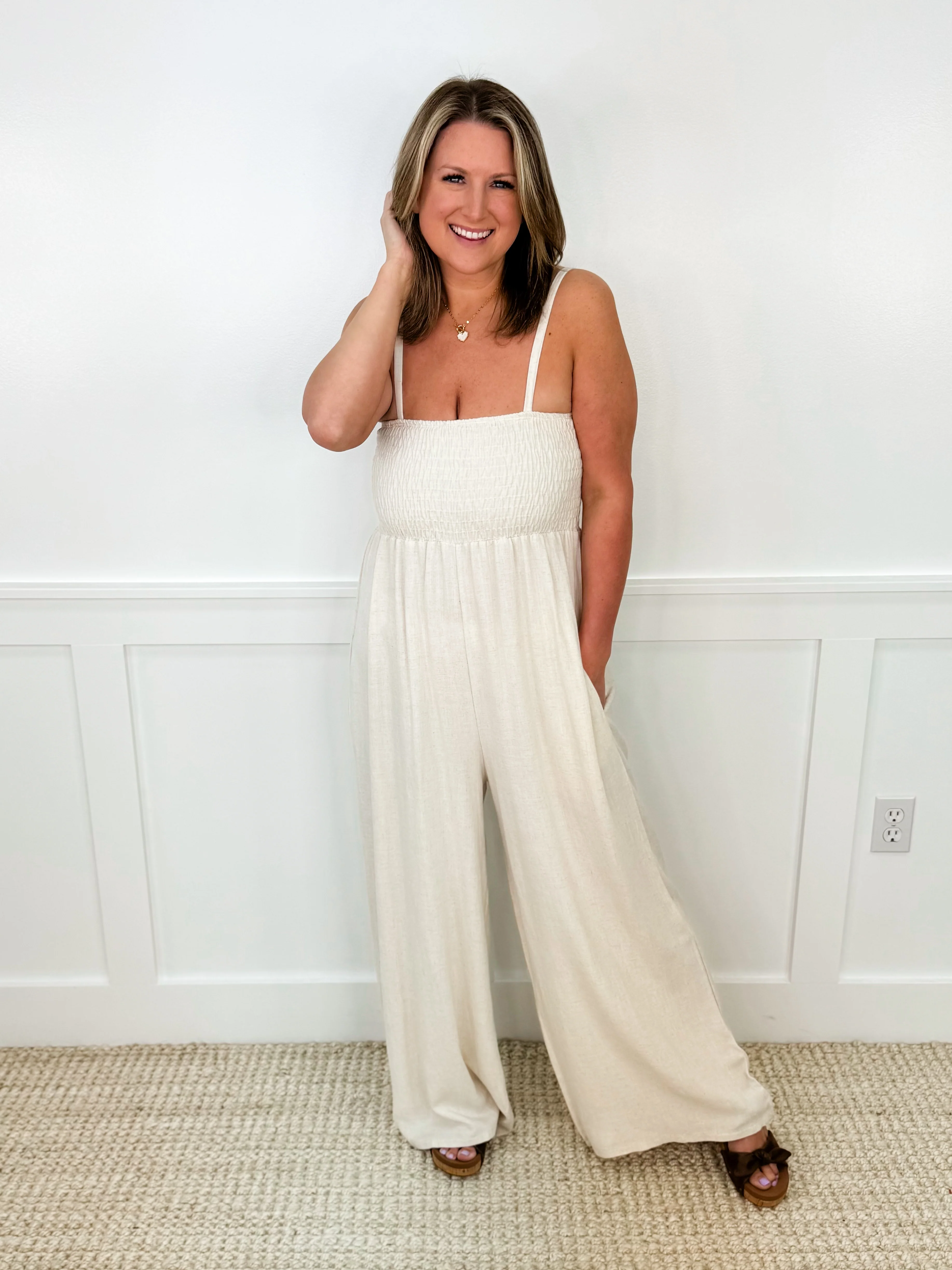 Worth Your While Rayon Blend Oatmeal Avery Mae Jumpsuit